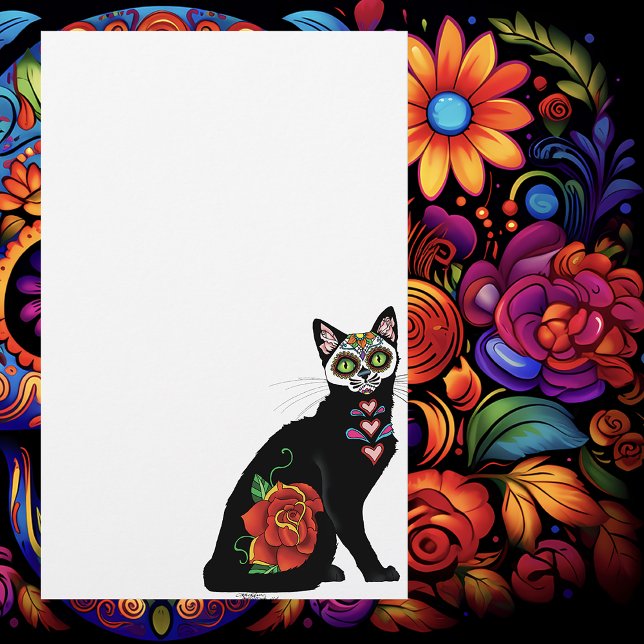 Sugar Skull Black Cat.Rose Teal Heart Stationery (Creator Uploaded)