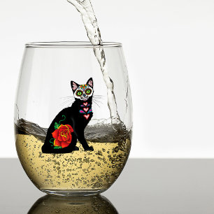 Sugar Skull Black Cat Rose Teal Heart Stemless Wine Glass