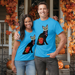 Sugar Skull Black Cat Rose Teal Heart T-Shirt