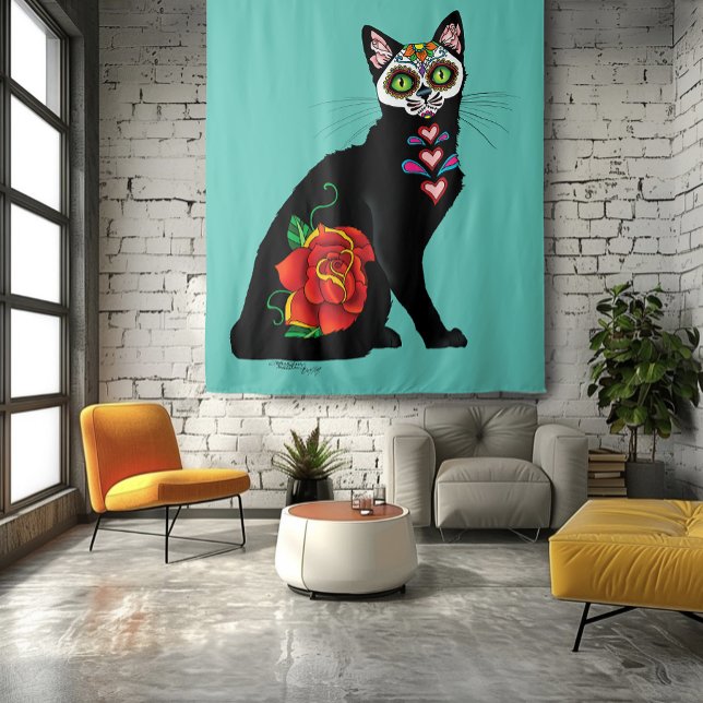 Sugar Skull Black Cat Rose Teal Heart Tapestry (Creator Uploaded)