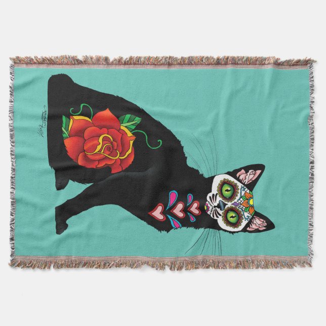 Sugar Skull Black Cat Rose Teal Heart Throw Blanket (Front)