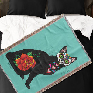 Sugar Skull Black Cat Rose Teal Heart Throw Blanket
