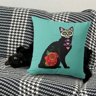 Sugar Skull Black Cat Rose Teal Heart Throw Pillow