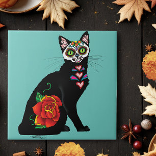 Sugar Skull Black Cat Rose Teal Heart Tile