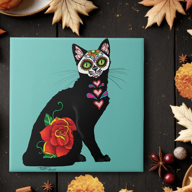 Sugar Skull Black Cat Rose Teal Heart Tile (Creator Uploaded)