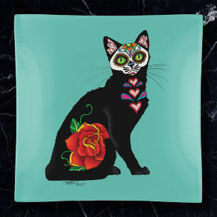 Sugar Skull Black Cat Rose Teal Heart Trinket Tray