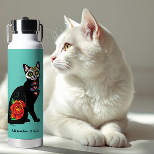Sugar Skull Black Cat Rose Teal Heart Water Bottle