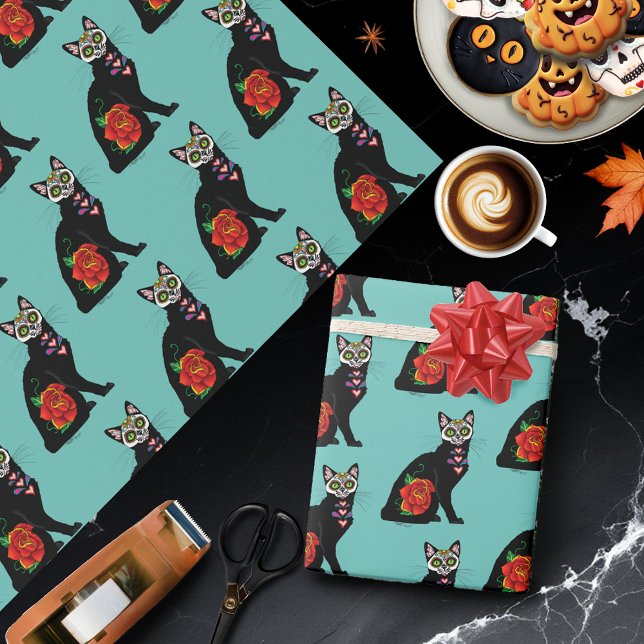 Sugar Skull Black Cat Rose Teal Heart Wrapping Paper (Creator Uploaded)