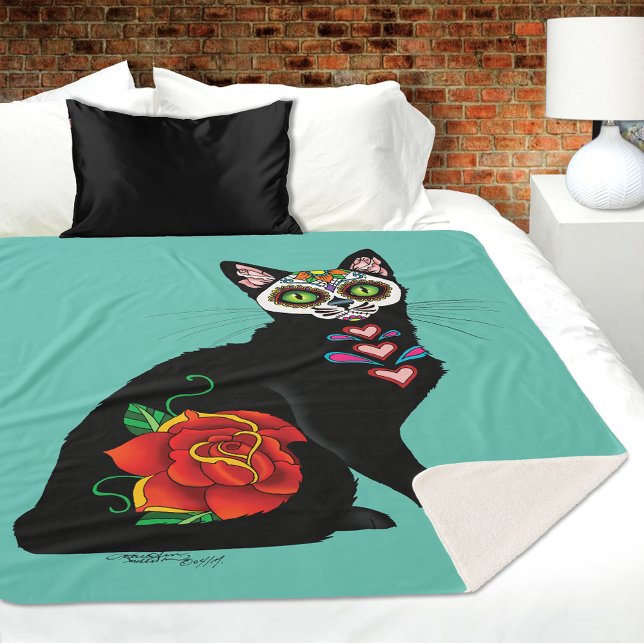 Sugar Skull Black Cat Sherpa Blanket (Creator Uploaded)