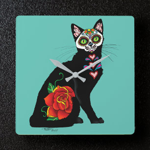 Sugar Skull Black Cat Square Wall Clock