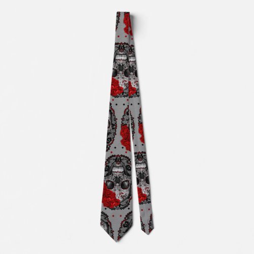 Sugar Skull Black Lace and Rose Pattern 1 Neck Tie
