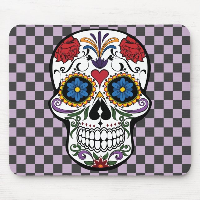 Sugar Skull Black & Purple Checker-Day of The Dead Mouse Pad (Front)