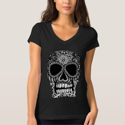 Sugar Skull Black White Macabre Art T_Shirt