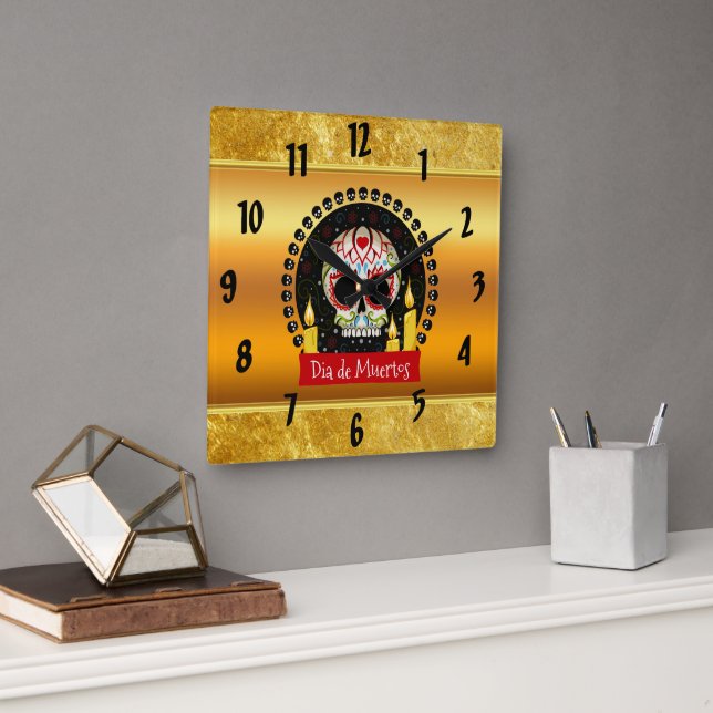 Sugar skull bloodcurdling intimidating and scary square wall clock (Office)