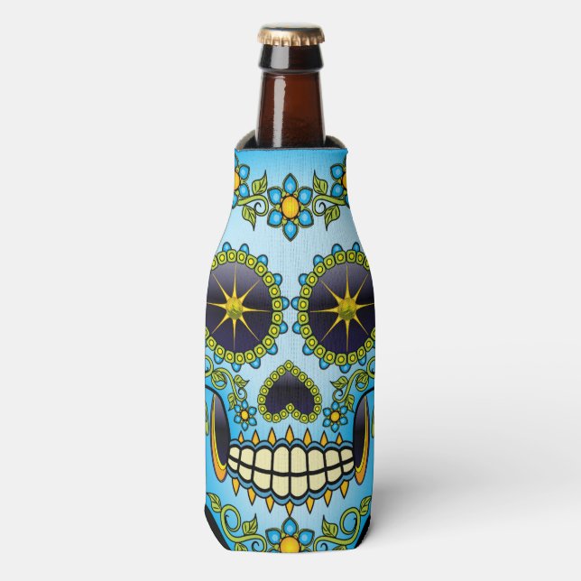Sugar Skull Blue Floral Bottle Cooler (Bottle Front)