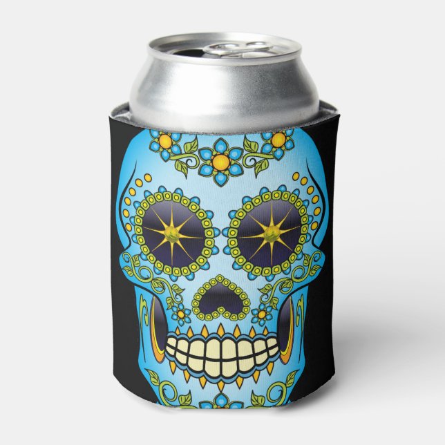 Sugar Skull Blue Floral Can Cooler (Can Front)