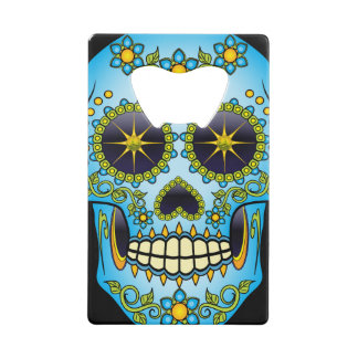 Sugar Skull Blue Floral Credit Card Bottle Opener
