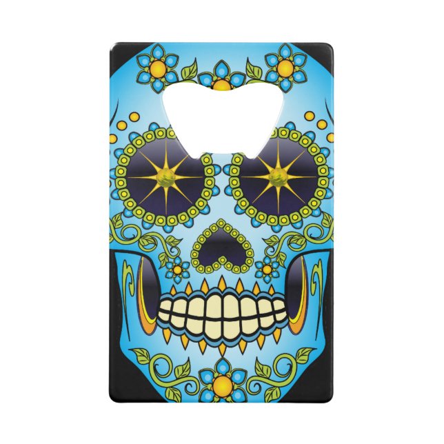 Sugar Skull Blue Floral Credit Card Bottle Opener (Front)