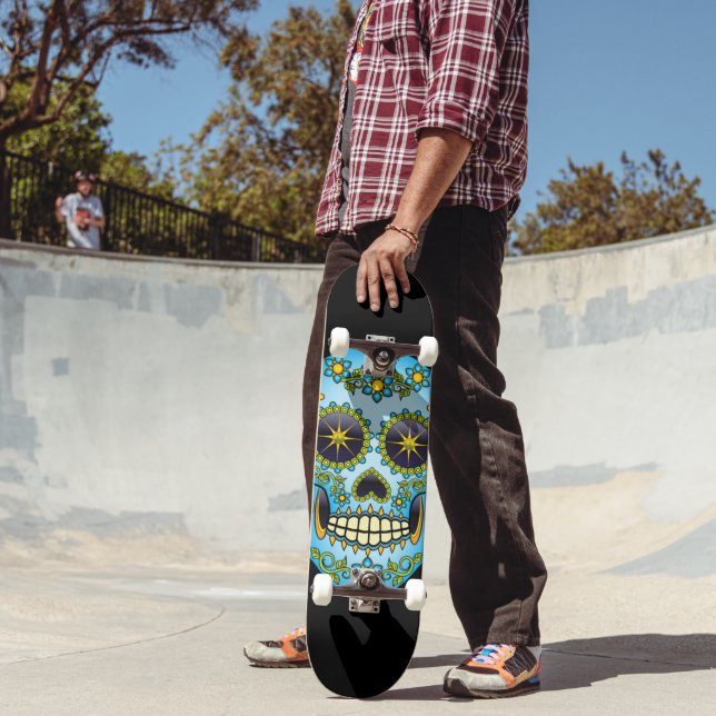 Sugar Skull Blue Floral Skateboard (Outdoor 2)
