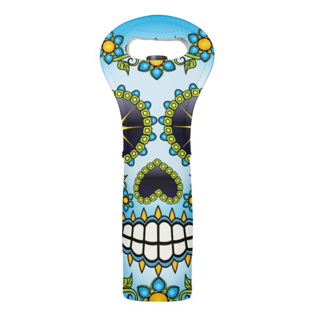 Sugar Skull Blue Floral Wine Bag (Front)