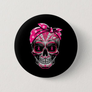 Sugar Skull Breast Cancer Awareness Pink Ribbon Ca Button