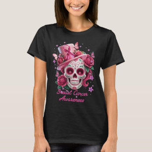 Sugar Skull Breast Cancer Awareness Skeleton Pink T-Shirt
