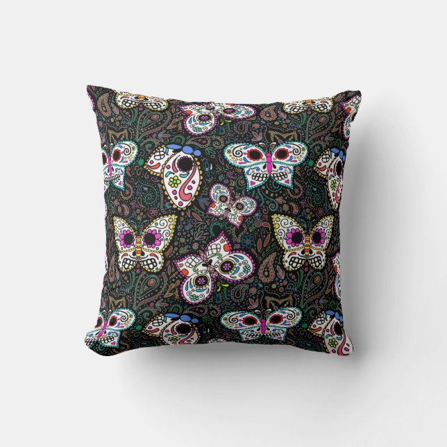sugar skull butterflies throw pillow, cute spooky throw pillow (Front)