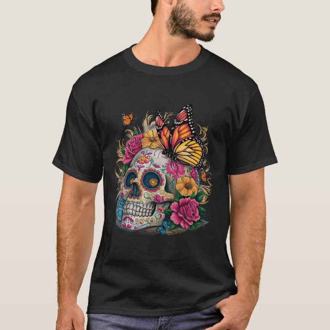 Sugar Skull Butterfly Day Of Dead Halloween Dia De T-Shirt (Front)