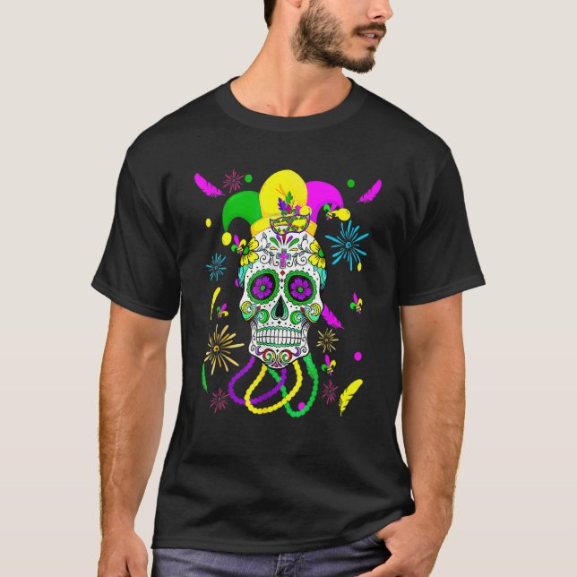 Sugar Skull Carnival Mask Jester Hat Mardi Gras T-Shirt (Front)