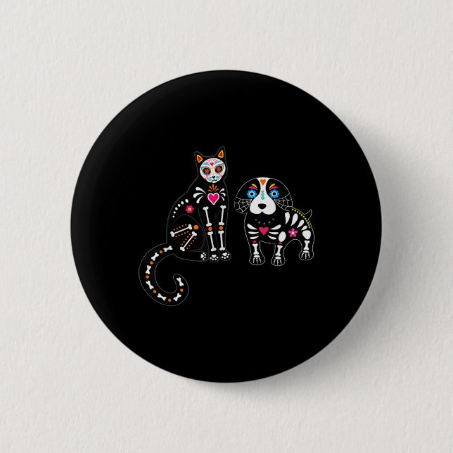 Sugar Skull Cat And Dog Funny Halloween Button (Front)
