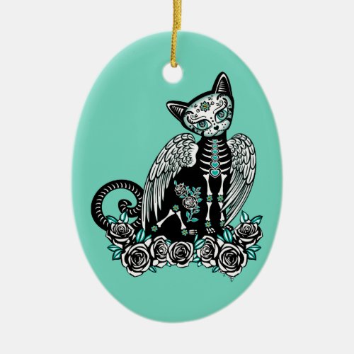 Sugar Skull Cat Ceramic Ornament