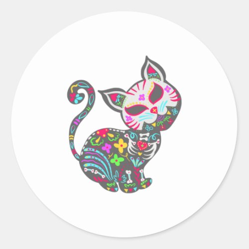 Sugar Skull Cat  Cute Dia De Los Muertos Fun Classic Round Sticker