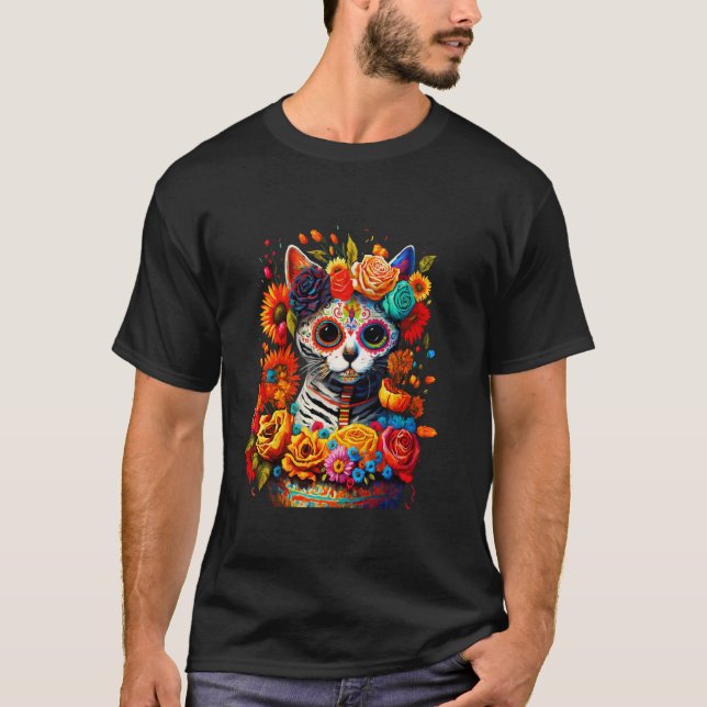 Sugar Skull Cat De Los Muertos La Catrina Day Of T T-Shirt (Front)