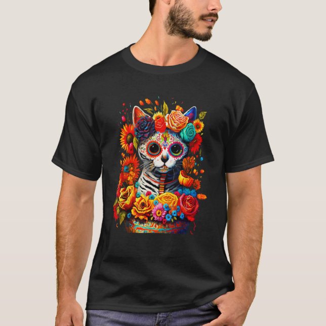 Sugar Skull Cat De Los Muertos La Catrina Day Of T T-Shirt (Front)