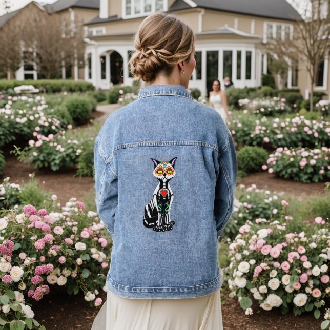 Sugar Skull Cat Denim Jacket (Wedding Back)
