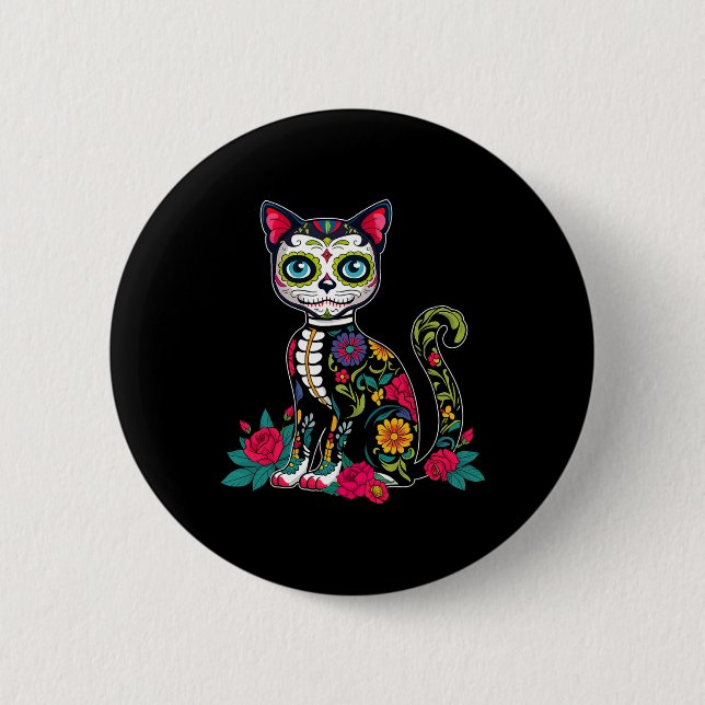 Sugar Skull Cat Dia De Muertos Day Of Dead Hallowe Button (Front)