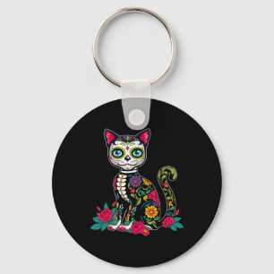 Sugar Skull Cat Dia De Muertos Day Of Dead Hallowe Keychain