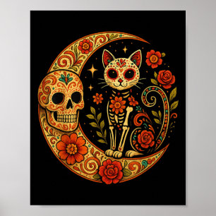 Sugar Skull Cat Moon Dia De Los Muertos Funny Hall Poster