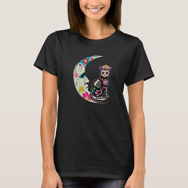 Sugar Skull Cat Moon Dia De Los Muertos Mexican Da T-Shirt (Front)