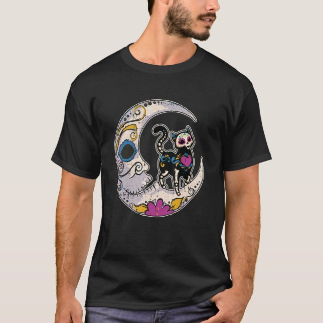 Sugar Skull Cat Moon Dia De Los Muertos Mexican Da T-Shirt (Front)