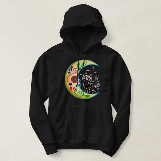 Sugar Skull Cat Moon Halloween Day Of The Dead Hoodie (Design Front)