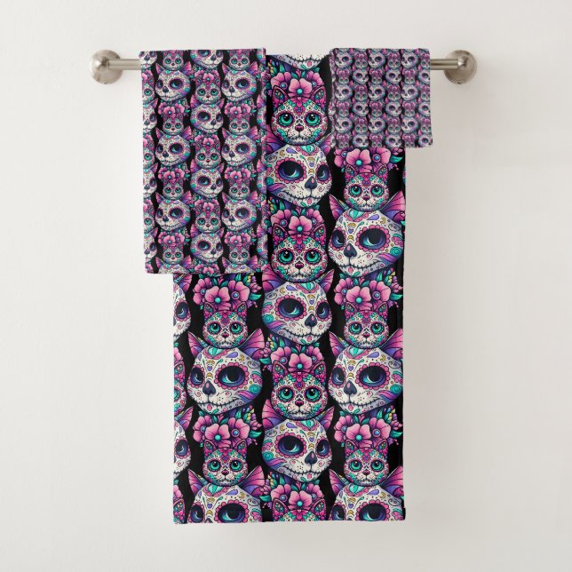 Sugar Skull Cat Pattern Bath Towel Set (Insitu)