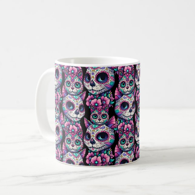 Sugar Skull Cat Pattern Coffee Mug (Front Left)