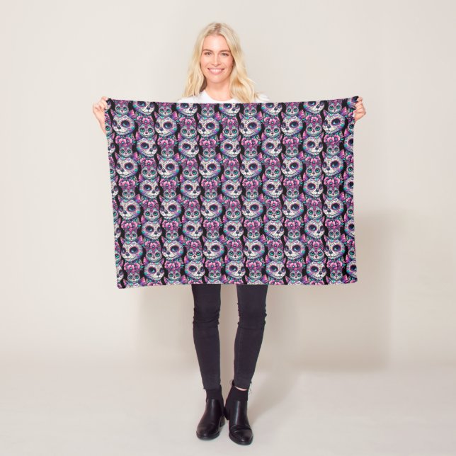 Sugar Skull Cat Pattern Fleece Blanket (In Situ)