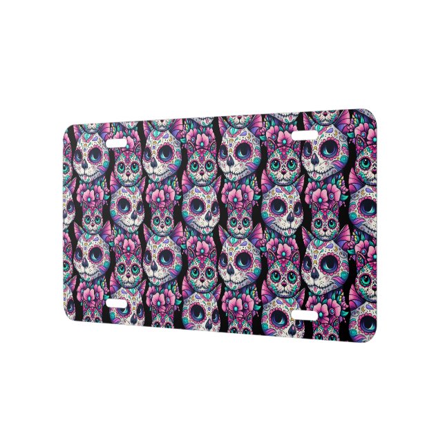 Sugar Skull Cat Pattern License Plate (Left)