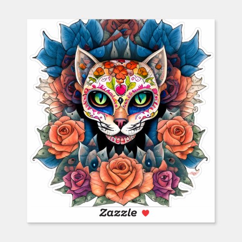 Sugar Skull Cat Surrounded by Flowers Sticker