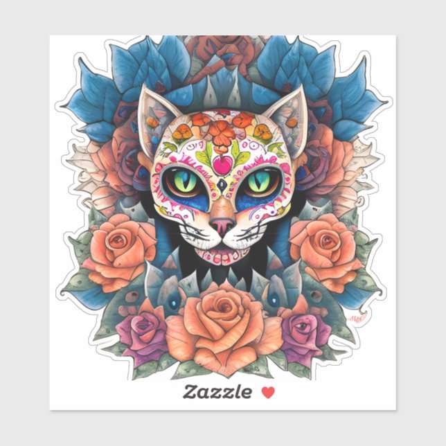 Sugar Skull Cat Surrounded by Flowers Sticker (Sheet)
