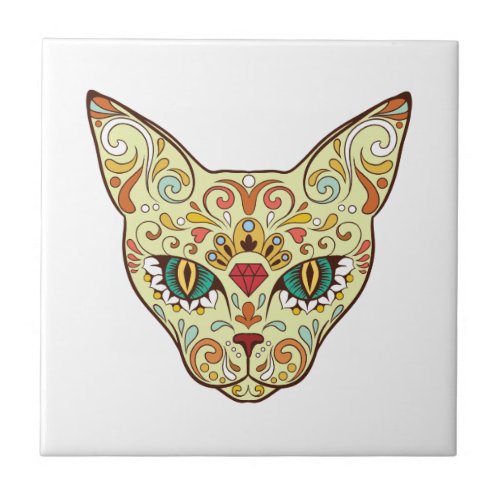 Sugar Skull Cat _ Tattoo Design Tile