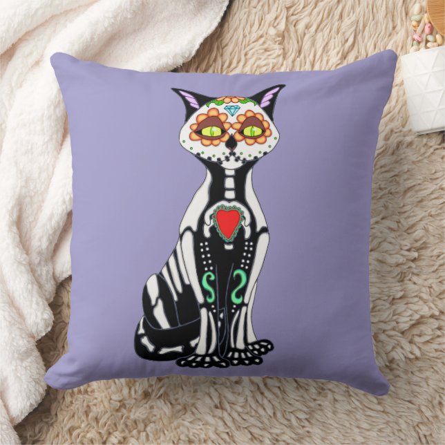 Sugar Skull Cat Throw Pillow (Blanket)