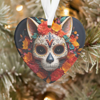 Sugar Skull Cat with Flowers Acrylic Ornament